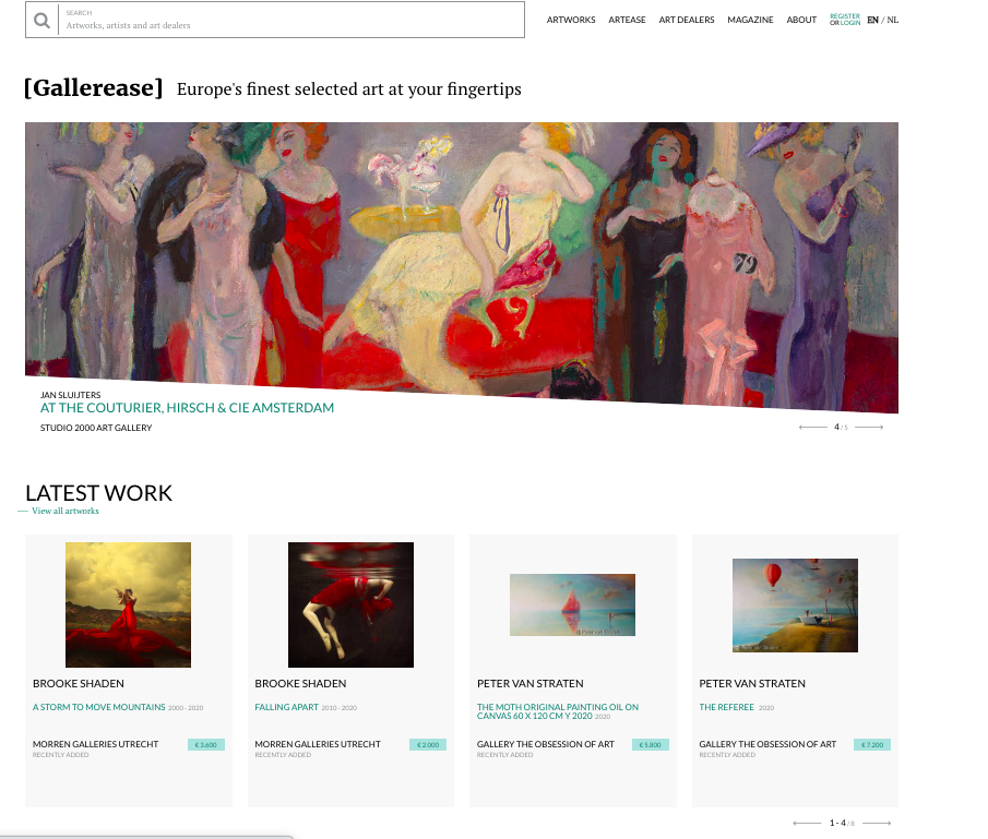 A typical online art platform where you can by curated art from many artdealers