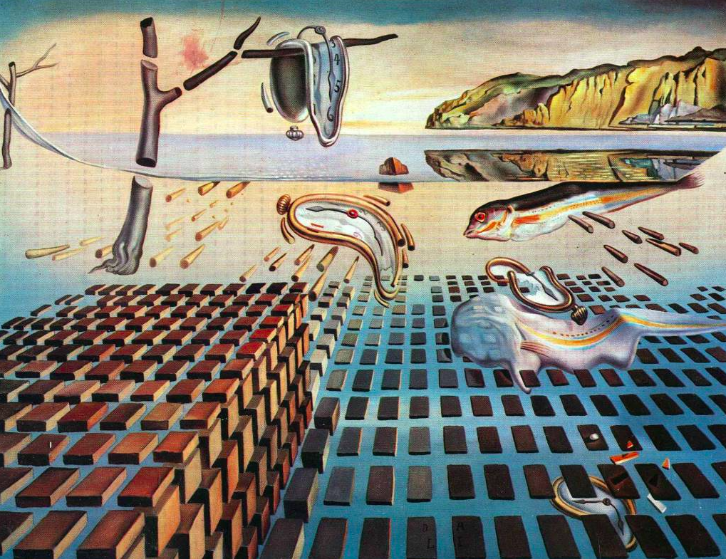 A typical example of Salvador Dali's surrealist painting, Disintegration of the Persistence of Memory (1952-54)