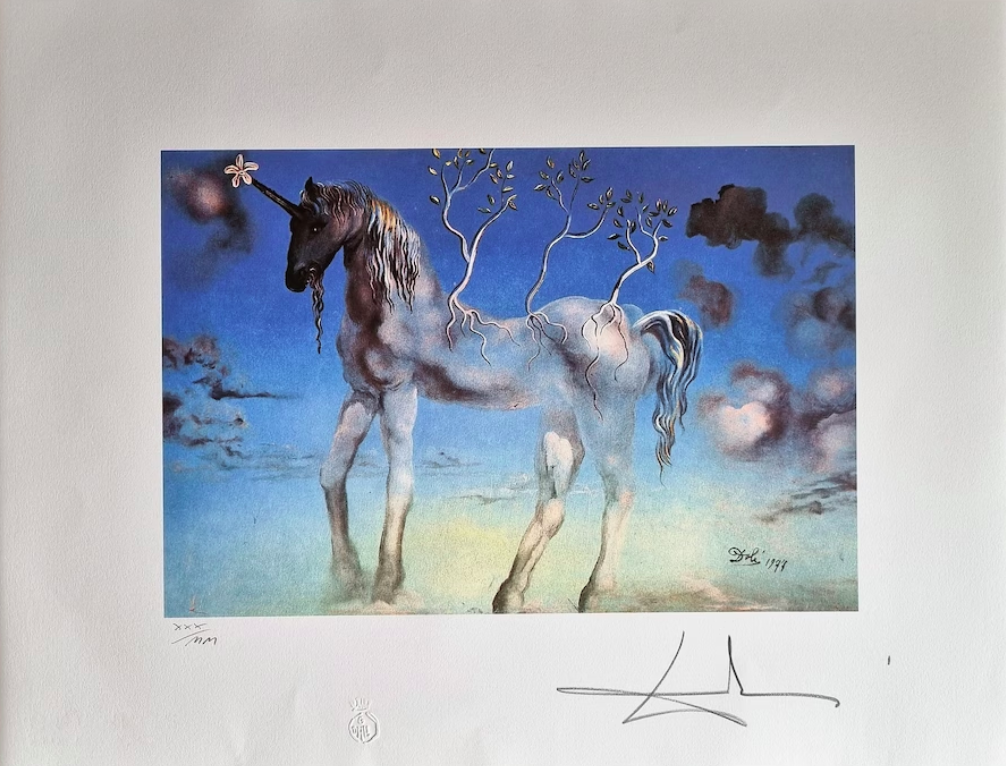 Beispiel einer lithografischen Reproduktion von „The Happy Unicorn“, Salvador Dalì