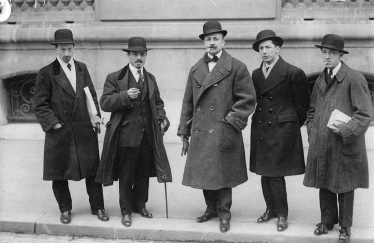 Italian futurists Luigi Russolo, Carlo Carrà, Filippo Tommaso Marinetti, Umberto Boccioni and Gino Severini in front of Le Figaro, Paris, February 9, 1912