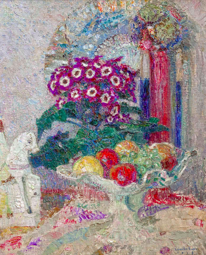 Léon de Smet, 'The flowers, the fruits and the staff', 1909, a fine example of a colorful impressionistic still life from the beginning of the last century.