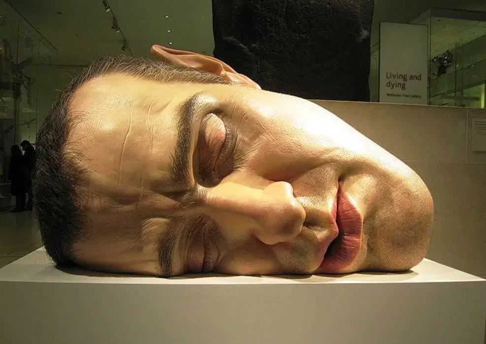 Hyper-realistic artwork by Ron Mueck, Mask II (2001 - 2002), believed to be a self-portrait