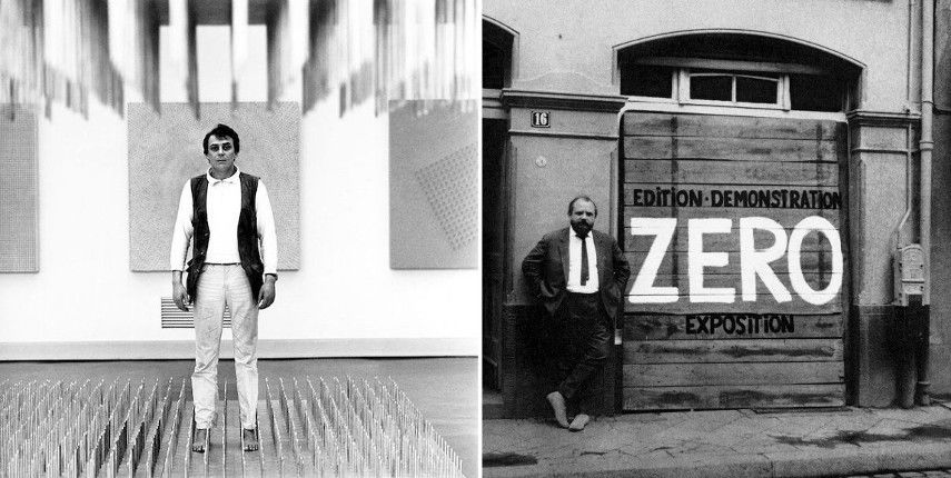 Links Günther Uecker und rechts Galerist Alfred Schmela in seiner Galerie mit dem Plakat für eine ZERO-Ausstellung