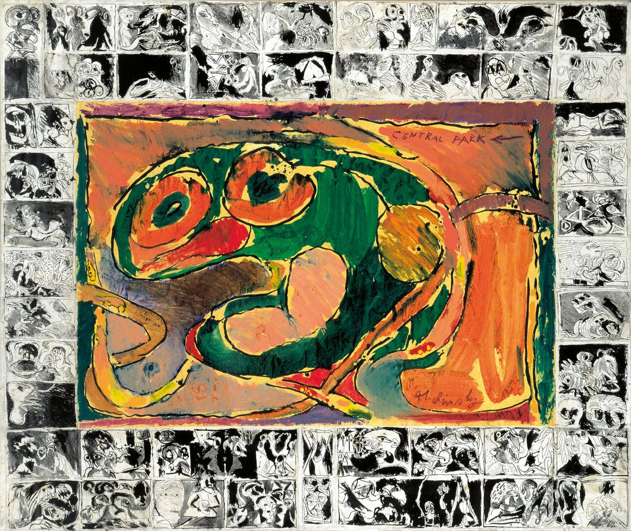 Cobra art; Central Park, from 1965, is a key work in Alechinsky's oeuvre. For the first time he worked with acrylic paint on paper and with his typical 'frame'.