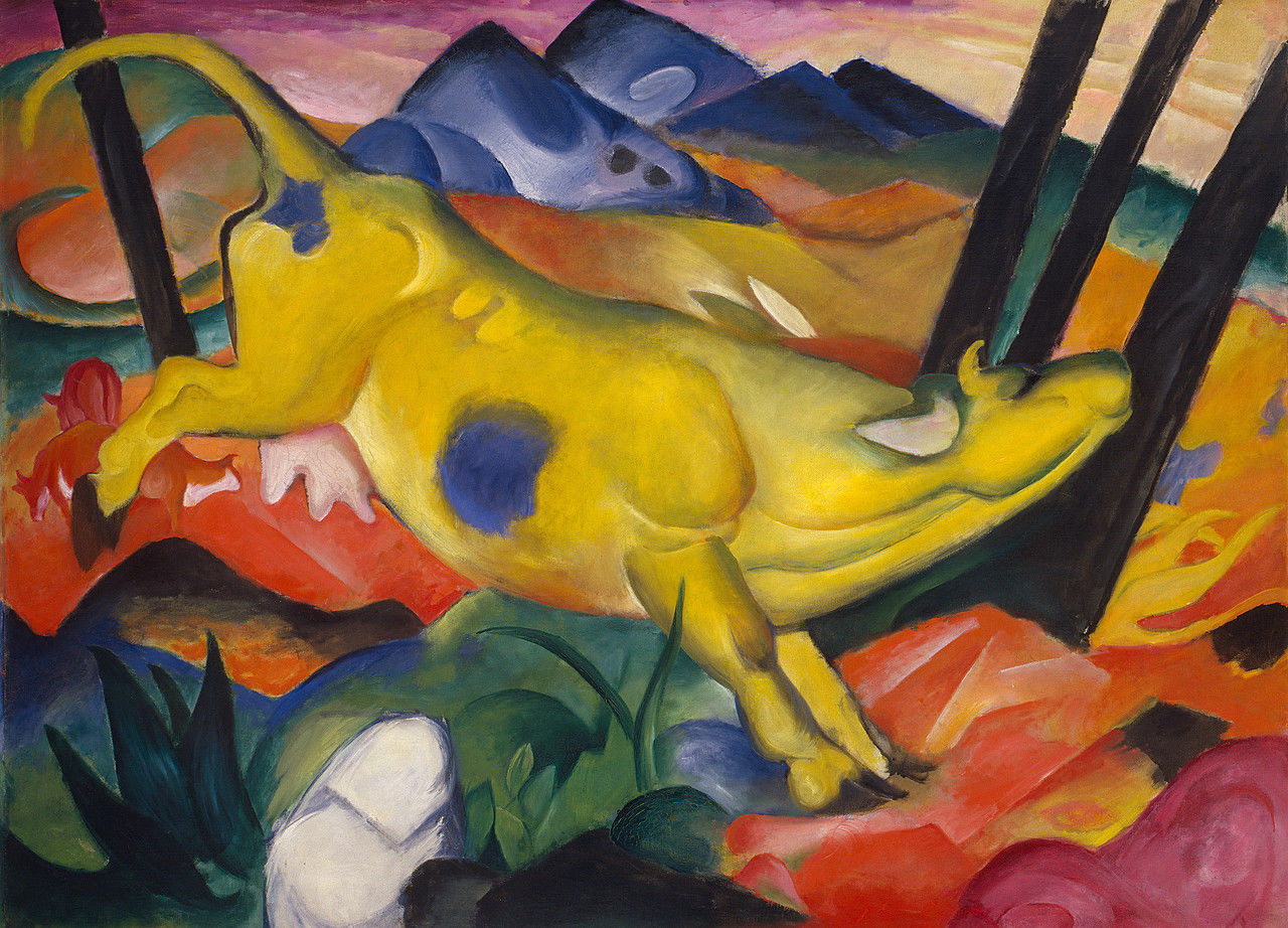 Franz Marc: Die gelbe Kuh, 1911, Beispiel für leuchtende Primärfarben und für die frühe expressionistische Bewegung namens „De Blaue Reiter“