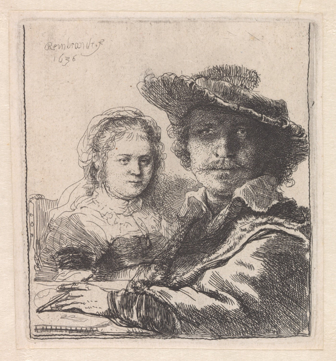 Etching by Rembrandt van Rijn 'Self-portrait with Saskia', 1636
