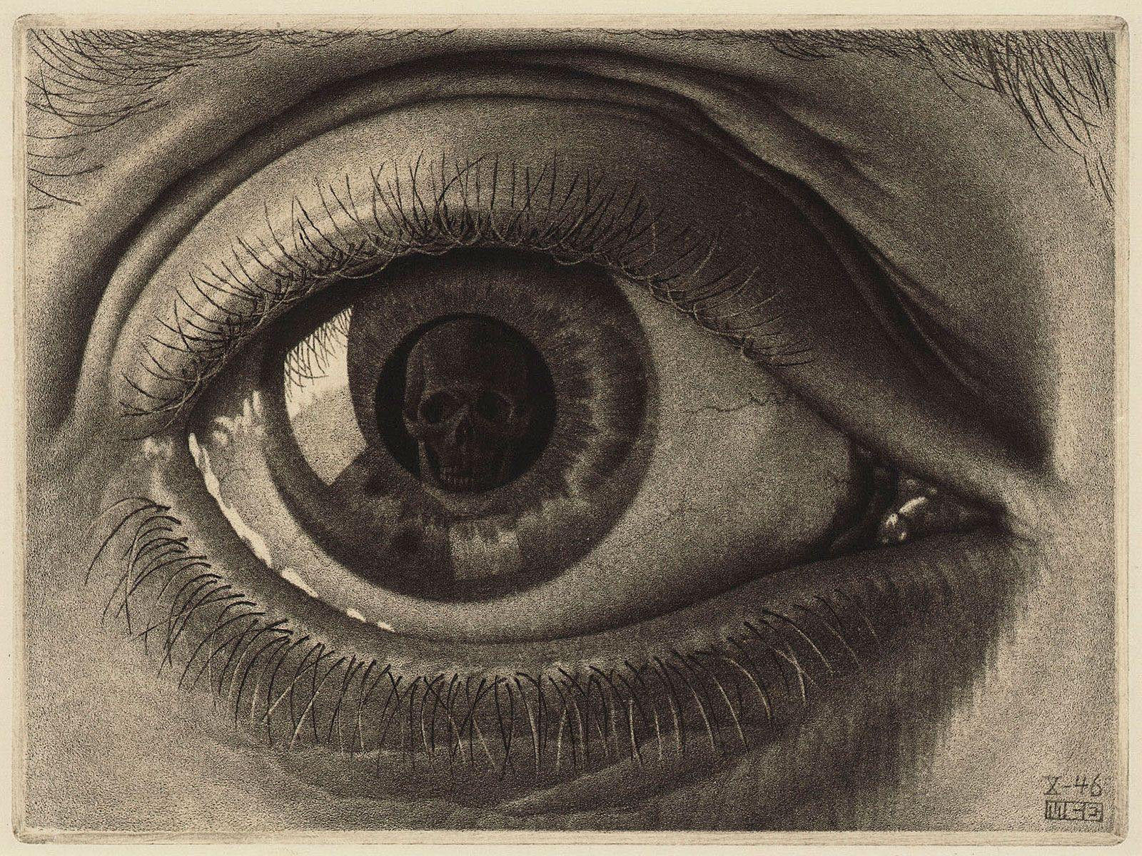   A well-known mezzotint print made by M.C. Escher from 1946, called 'Eye'