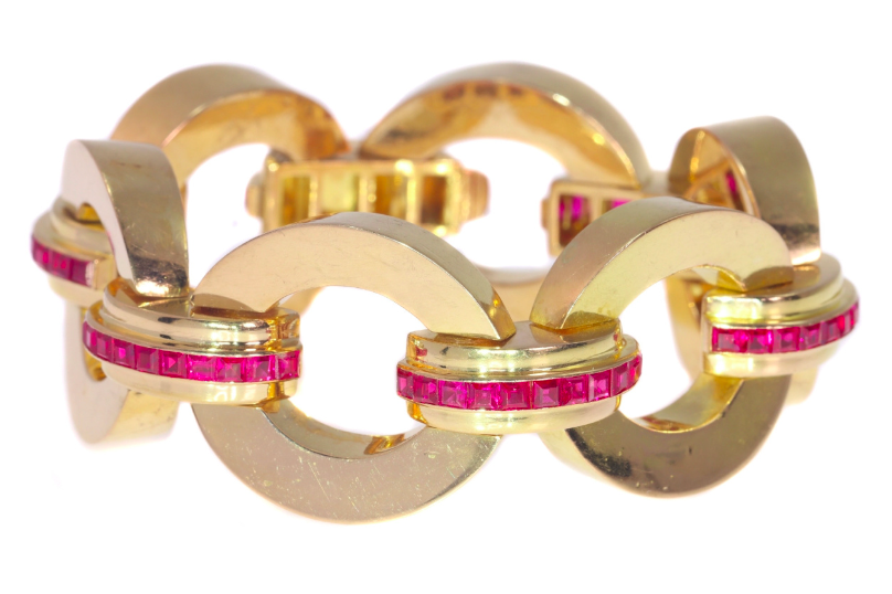 Wichtige Informationen vor dem Schmuck oder Juwelenkauf; starkes Design Retro 40er Goldarmband mit Rubinen