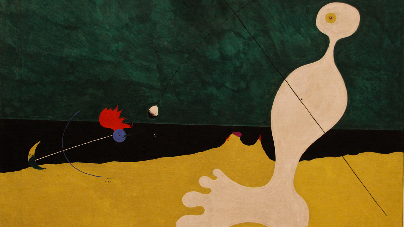 Abstraktes surreales Gemälde von Joan Miró, „Person, die einen Stein auf einen Vogel wirft“, 1926 von Joan Miro