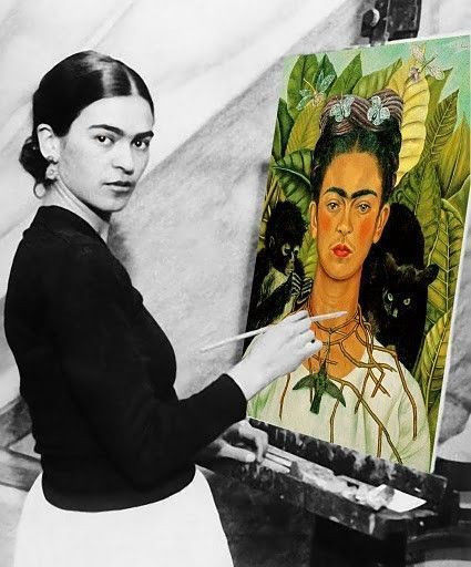 Frida Kahlo at work on a self-portrait with Magical Realistic features